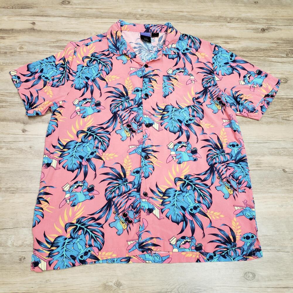 Disney Stitch Shirt Mens XL Pink Hawaiian Rayon Short Sleeve Button Up Casual